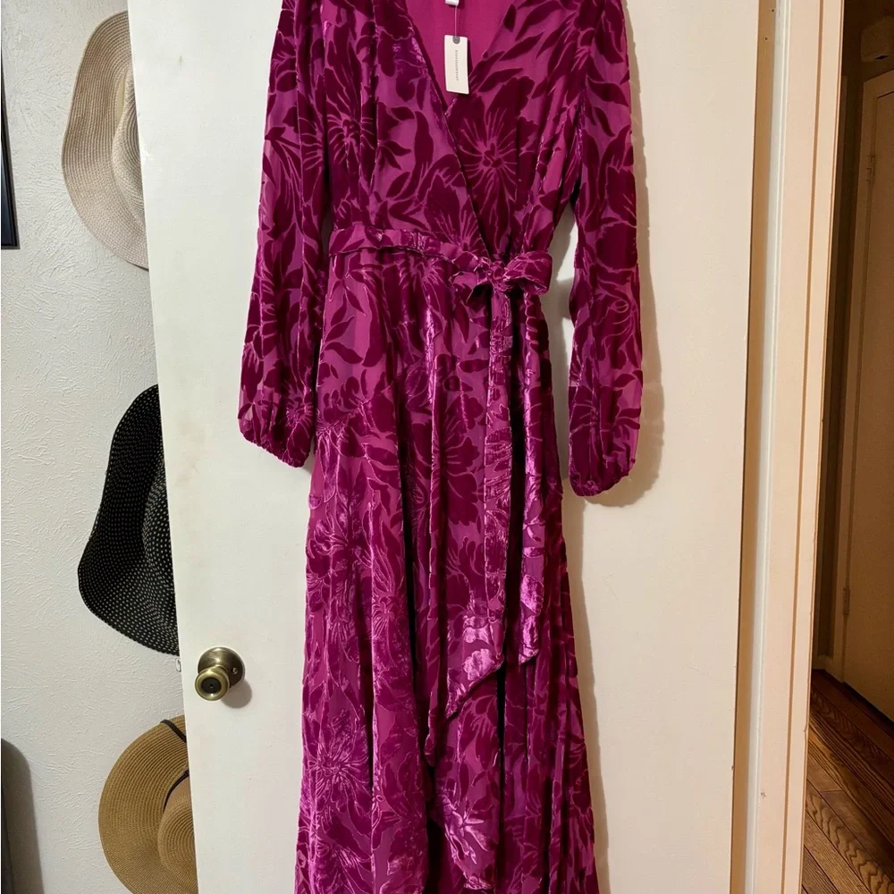 Anthropologie Pink Floral Velvet Long Sleeve Dress - Picture 4 of 5